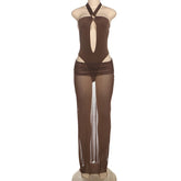 LIZAKOSHT  -  Solid Color Hanging Neck Lace Up Backless Hollow Slim Bodysuit+Mesh Ruched Long Skirts Beach Nightclub 2-Piece Matching Set